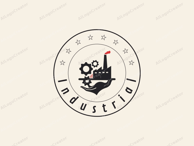 modern design features a stylized factory silhouette, interlocking gears, and a hand element, combined with a clean background.