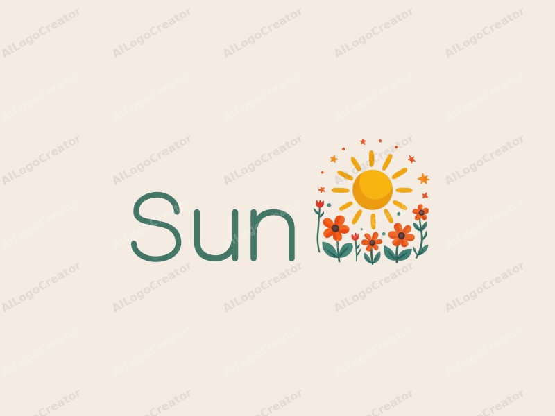 playful design features a bright sun radiating light, surrounded by whimsical flowers swaying in a gentle breeze, combined with a clean background.