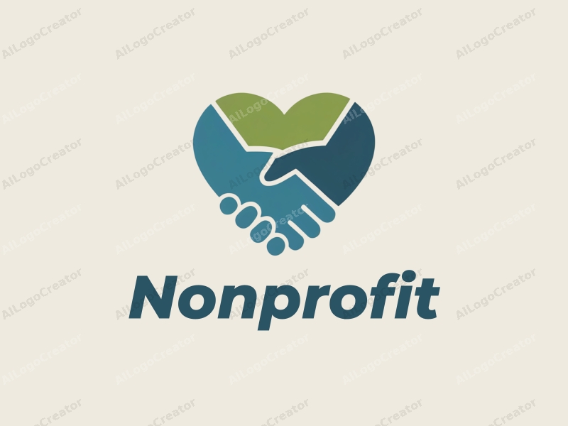 modern design features a stylized heart and handshake symbolizing charity and volunteerism, combined with a clean background in blue and green tones.