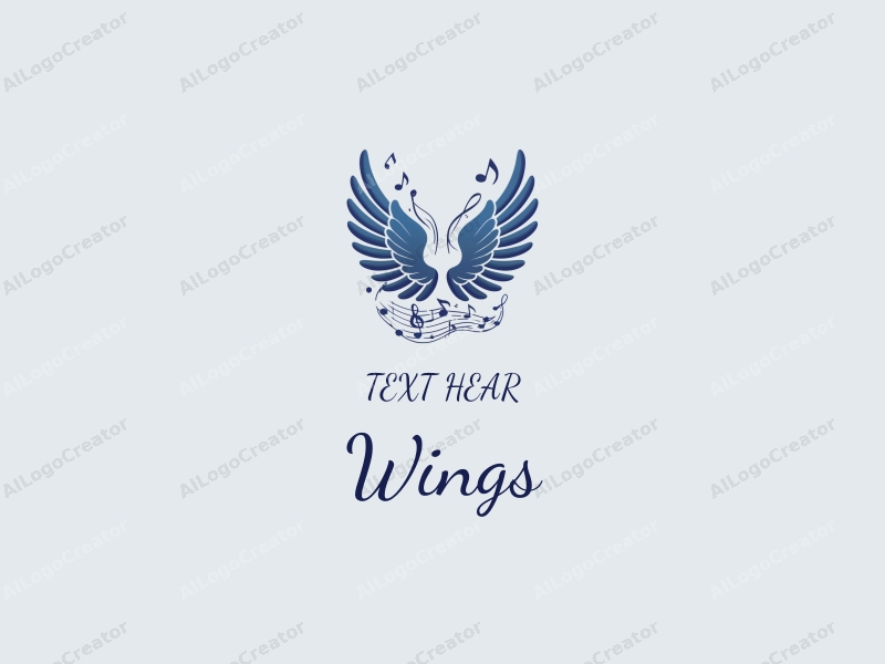 playful design features stylized wings in flight, intertwined with musical notes and flowing melodies, combined with a clean blue background.