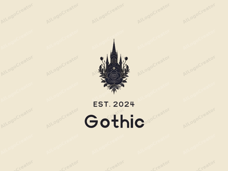 Gothic design features intricate Gothic architecture, a stylized spire church silhouette, and elements of Gothic fashion combined with a black rose, all set against a clean background.