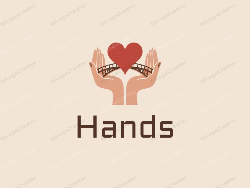 a modern minimalist design featuring a stylized hand gently holding a heart, with a bridge integrated into the composition, using skin tone colors against a clean background.