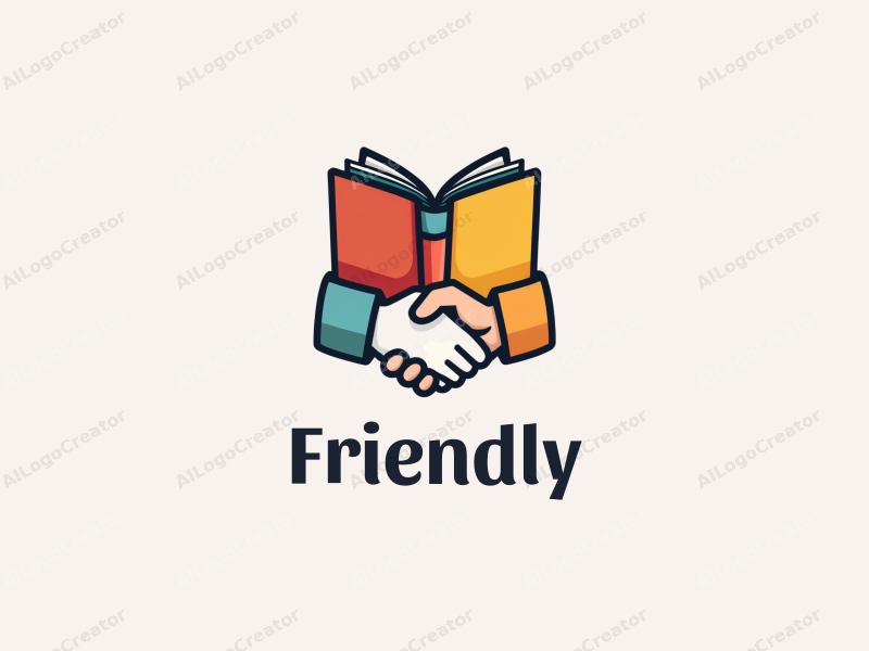 playful design features a stylized book and a handshake, combined with a clean background, emphasizing friendship and community in an educational and social context.