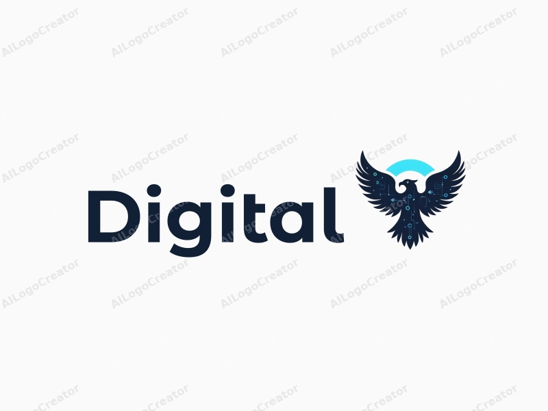 a modern minimalist design featuring a stylized eagle integrated with digital elements, representing a virtual assistant, combined with a clean blue and black background.