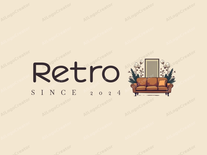 vintage design features a retro sofa and a retro poster, combined with elements of cotton and transportation, set against a clean background.