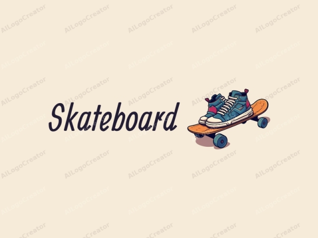 Spaßiges Design mit einem lebendigen Skateboard, stilisierten Schuhen und dynamischen Rädern, kombiniert mit einem sauberen Hintergrund.