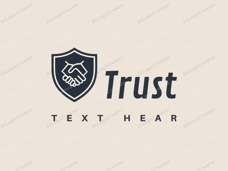 a modern minimalist design featuring a stylized shield and handshake, symbolizing trust and security, combined with a clean background.