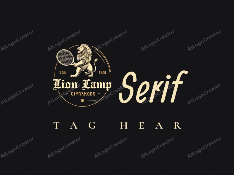 vintage design features a stylized lion and a racket, combined with elegant serif typography, set against a clean black background.