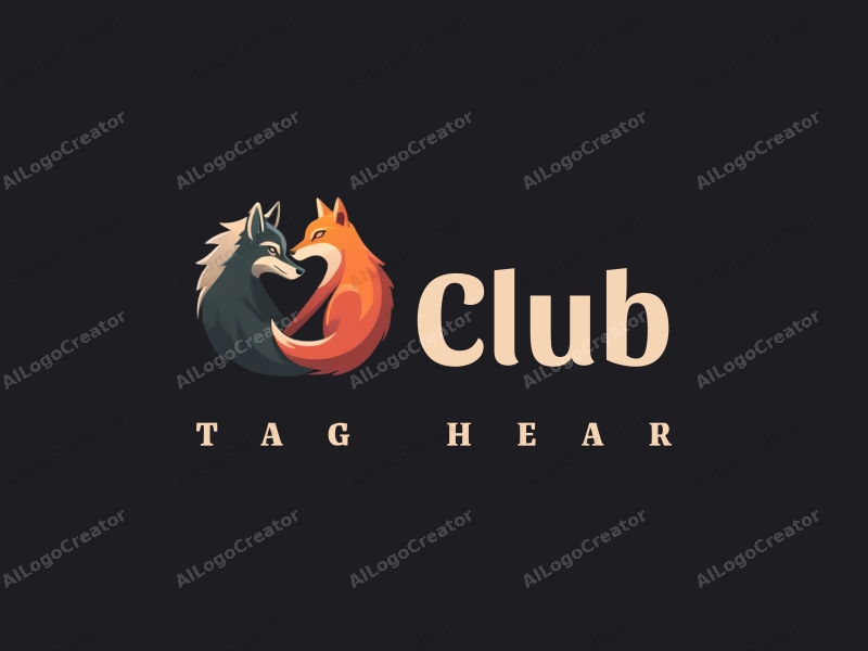 a modern minimalist design featuring a stylized wolf and fox intertwined, representing social interaction in a club setting, combined with a clean black background.