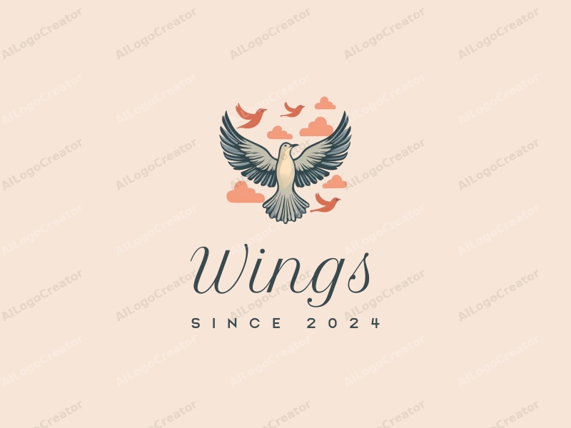 playful design features stylized wings, flying birds, and fluffy clouds combined with a clean background.