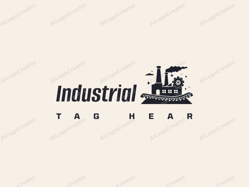 modern design features a stylized factory silhouette, interlocking gears, and a conveyor belt, combined with a clean background.