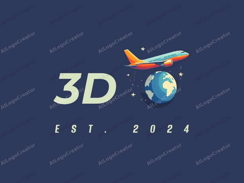 a modern design featuring a colorful 3D airplane soaring above a stylized globe, incorporating dynamic elements that convey movement and energy, set against a clean background.