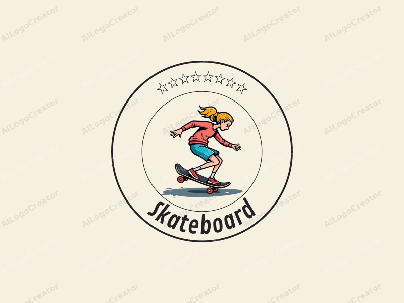 playful design features a colorful skateboard, a stylized female figure in a spinning motion, combined with a clean background.