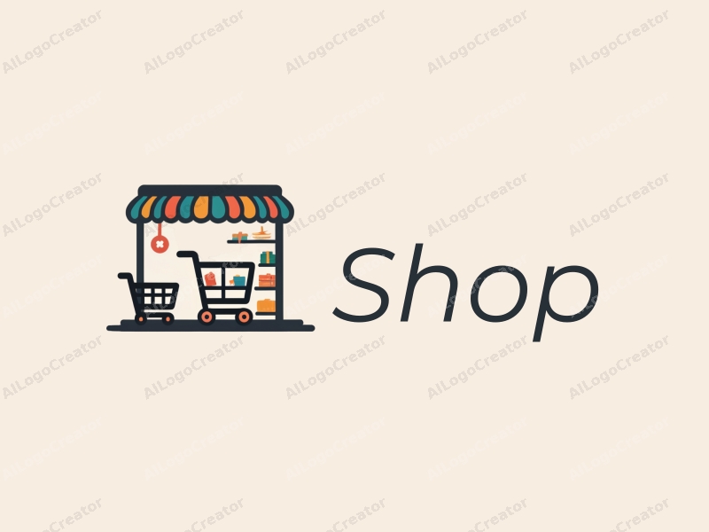 modern design features a stylized shop silhouette, a shopping cart, and shelves, combined with a clean background.