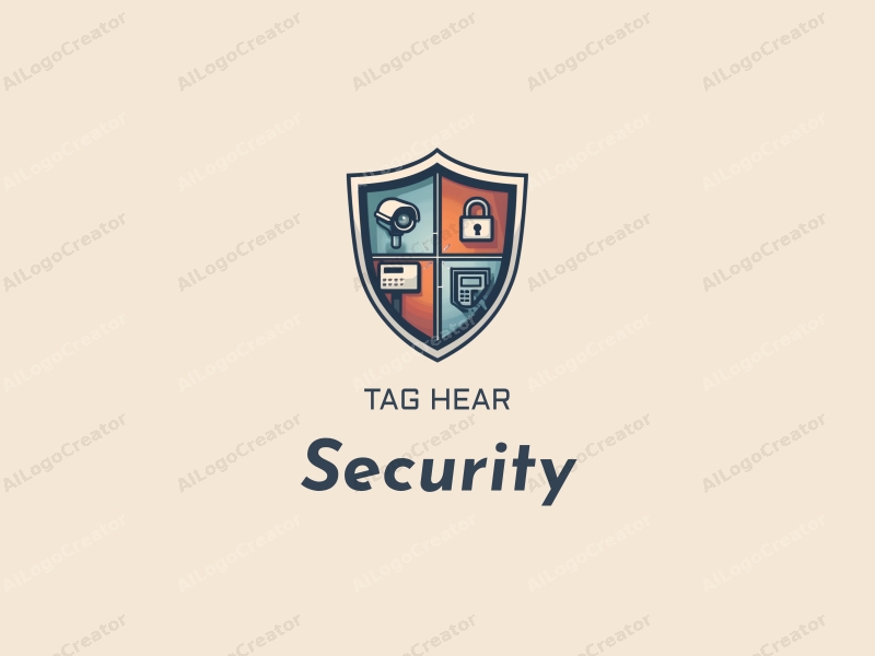 modern design features a stylized shield, a sleek surveillance camera, a minimalistic security lock, and an abstract alarm system, combined with a clean background.