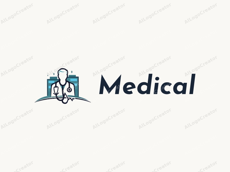 modern design features a stylized hospital silhouette, a doctor figure, a stethoscope intertwined with a heartbeat line, combined with a clean background.