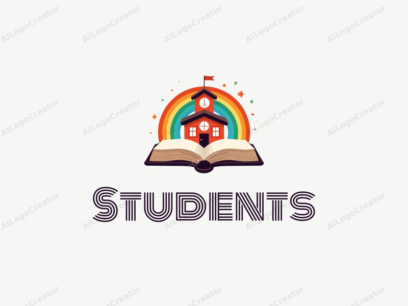 playful design features a cheerful student character, a stylized school building, an open book, and a vibrant rainbow, combined with a clean background.