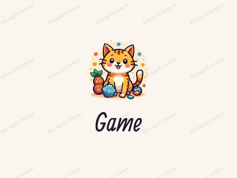 playful design features a whimsical cat surrounded by colorful toys and game elements, combined with a clean and harmonious background.