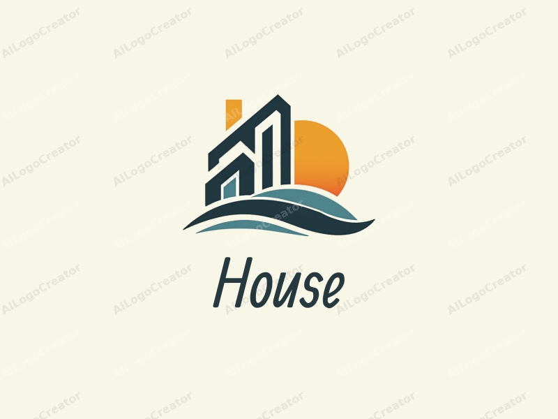 modern design features a stylized house and building silhouette with a sun element, combined with a clean background.