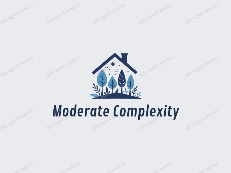 a modern design featuring a stylized house silhouette, abstract communication symbols, and lifestyle elements, combined with a clean blue and white color scheme.