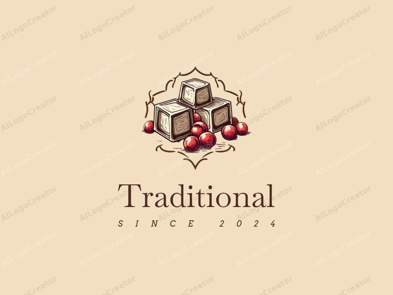 vintage design features traditional and classic motifs, incorporating ice cubes and berries, with a harmonious blend of brown and beige colors against a clean background.