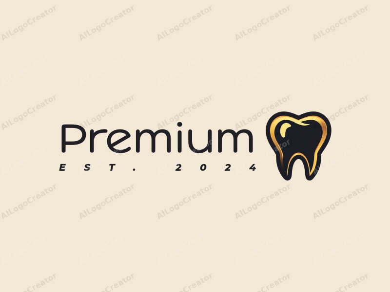 a modern design featuring premium quality elements, gold teeth, and streamlined shapes, combined with a gold and black color palette against a clean background.