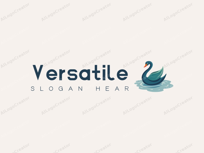 a modern design featuring a stylized swan gracefully gliding over a serene lake, incorporating blue and green tones, with a multifunctional and adaptable approach, set against a clean and simple background.