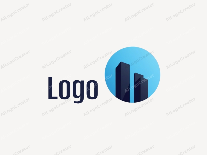 modern design features a blue circle and a stylized black building, combined with a clean background and a minimalist approach.