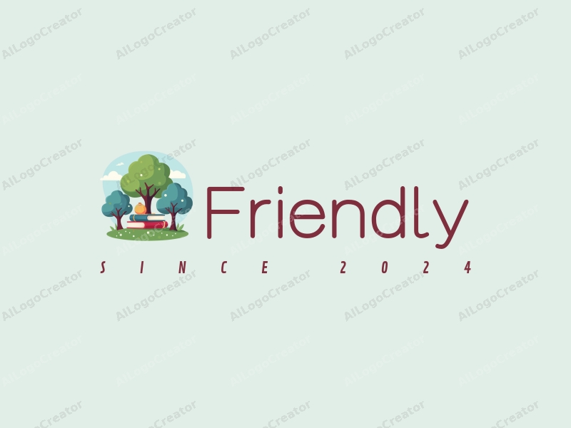 playful design features friendly books and trees, symbolizing friendship and education, combined with a clean background in blue and green tones.