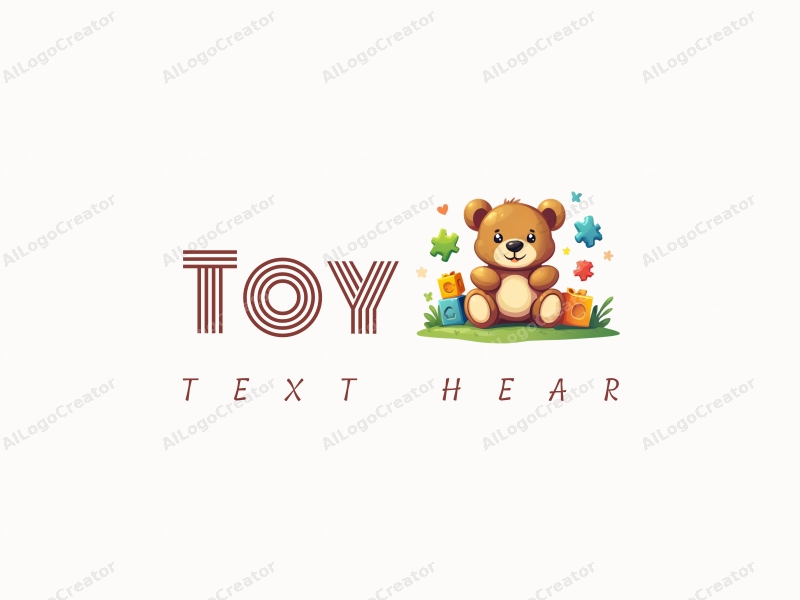 playful design features a stylized teddy bear, colorful puzzle pieces, and building blocks combined with a clean background.