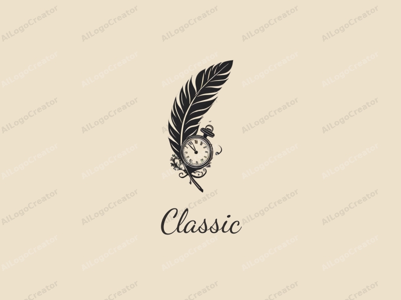 vintage design features a stylized feather intertwined with a classic clock, using dark and neutral colors, combined with a clean background for a timeless and elegant look.