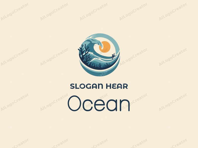 modern design features stylized waves, marine life including coral and a sea turtle, combined with a clean background.