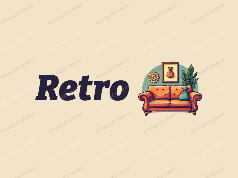 vintage design features a retro sofa and a retro poster, combined with a money bag and gear elements, all set against a clean background.