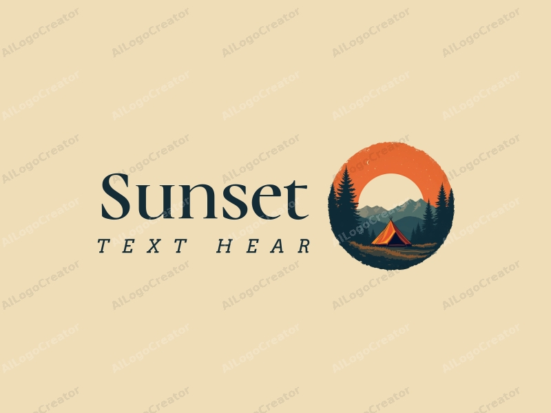 vintage design features a stylized sunset over a scenic landscape, a tent silhouette in the foreground, and a starry sky above, combined with a clean background.