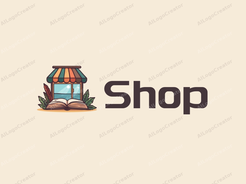 a modern design featuring a stylized shop front, open books, and beach elements, combined with a clean background.