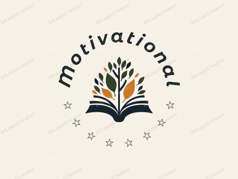 a modern design featuring stylized books and trees, symbolizing growth and knowledge, combined with a motivational theme, set against a clean background.