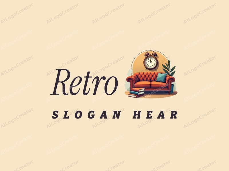 vintage design features a retro sofa, an antique clock, and classic books, combined with a vintage poster design approach against a clean background.