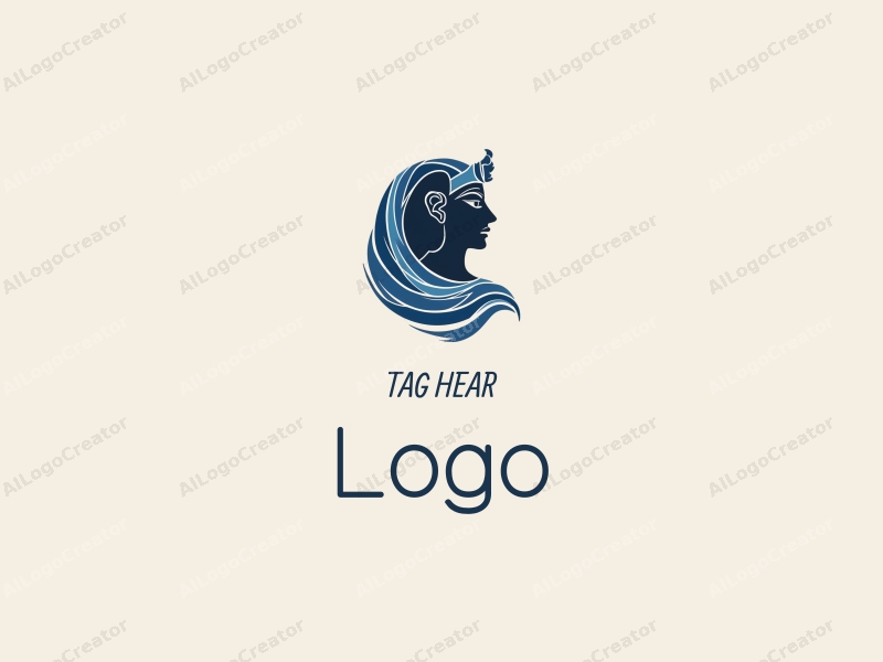 a modern design featuring a stylized pharaoh silhouette intertwined with fabric elements, using a blue and black color palette, combined with a clean and simple background.