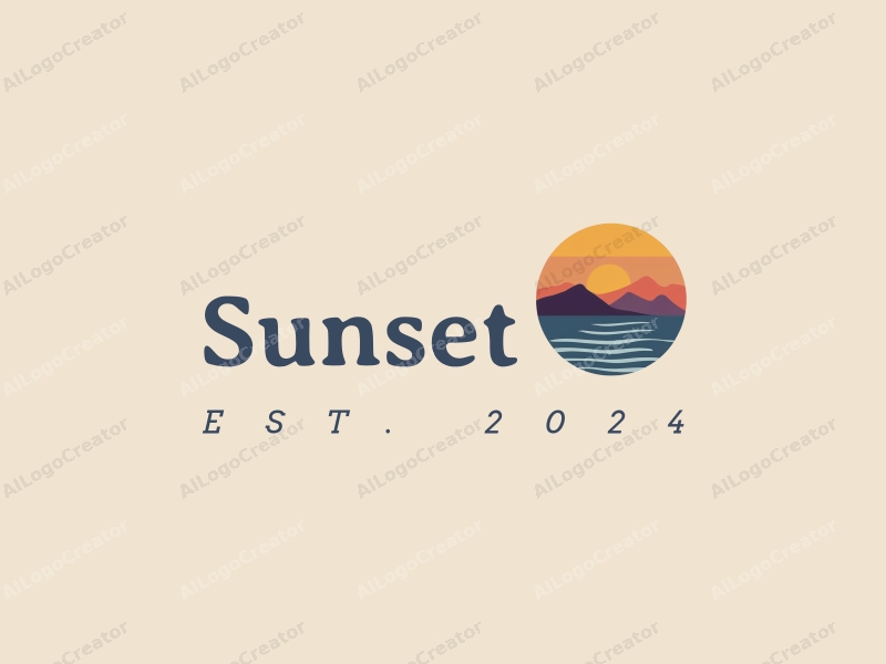 vintage design features a stylized sunset over the ocean with mountains in the background, incorporating warm orange and purple hues, combined with a clean and harmonious layout.