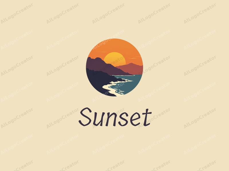 vintage design features a stylized sunset over a coastline with mountains in the background, using a harmonious blend of orange and purple colors, combined with a clean and simple composition.