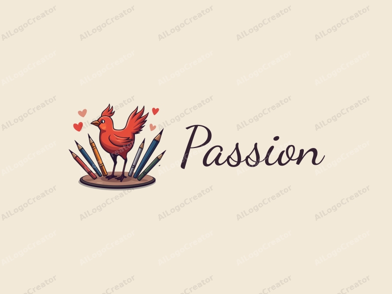 playful design features a vibrant red bird, artistic drawing tools, and a dynamic composition that embodies passion and enthusiasm, combined with a clean background.