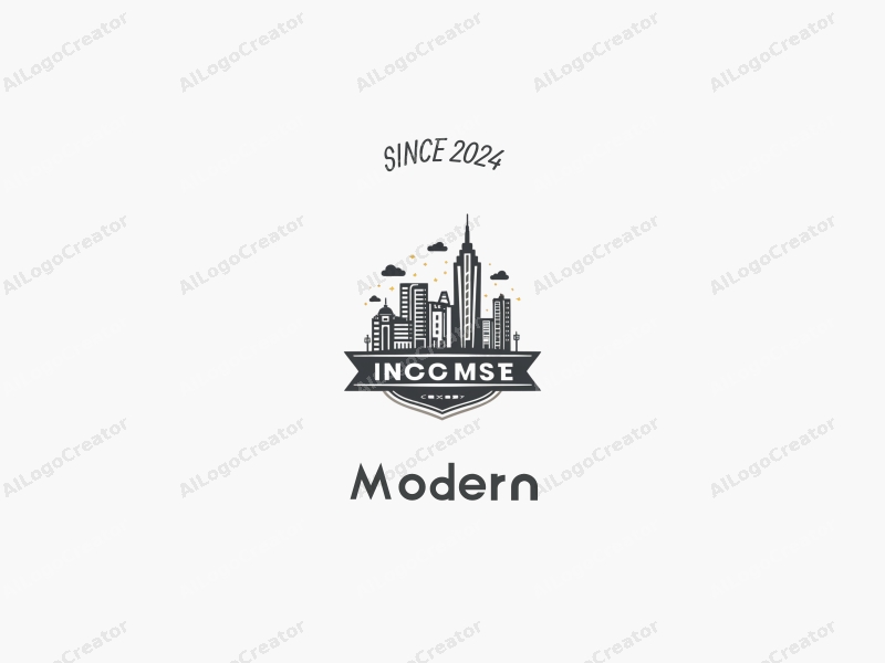 minimalist design features urban landscapes, stylized architectural elements, and symbols of wealth and income, combined with a clean white and gray background.