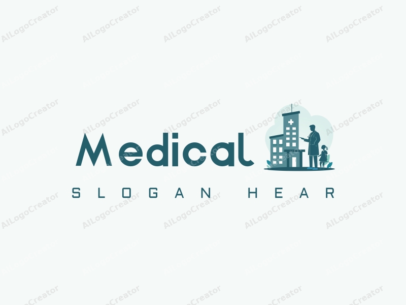 modern design features a stylized hospital silhouette, a doctor with a stethoscope, and a patient, combined with a clean background.