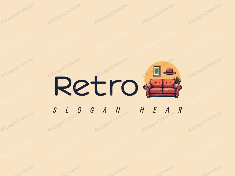 vintage design features a retro sofa, a retro poster, a retro hat, and a retro logo, combined with a clean background.