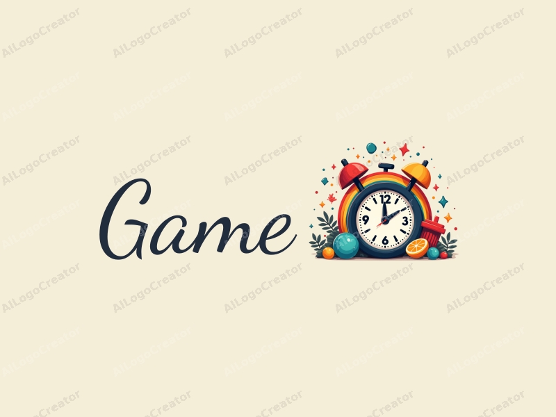 playful design features vibrant game and toy elements, a stylized clock, and a rainbow, combined with a clean background.