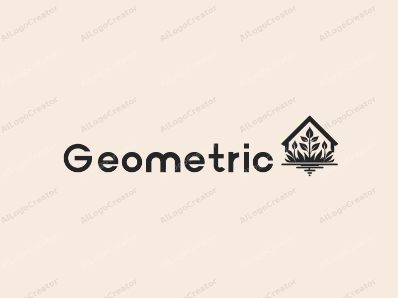 geometric design features a harmonious combination of square and circular shapes, incorporating elements of a greenhouse and garden, with a clean black and white color scheme.