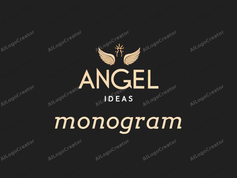 a modern minimalist design featuring stylized letters and an angel silhouette, incorporating the words 'ANGEL' and 'IDEAS' with a clean black background.