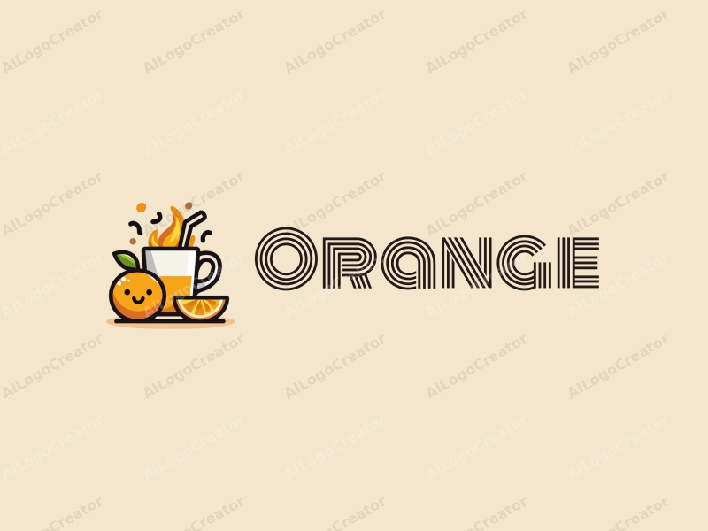 playful design features a stylized orange and juice, a cheerful smiling face, and a cup, combined with a clean background.