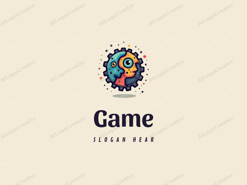 playful design features a colorful arrangement of game and toy elements, incorporating a stylized head and gears, combined with a clean background.