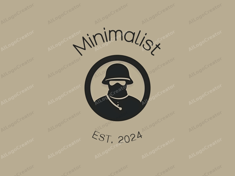 minimalist design features a circular composition with simple lines, a stylized soldier figure, and a tag style approach combined with a clean background.